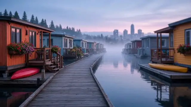 Floating home docks and calm water at dawn