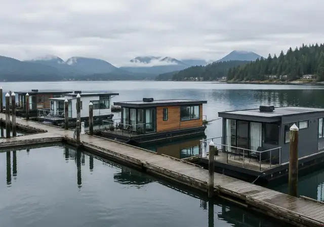 Marina with houseboats moored in slips along a wooden pier
