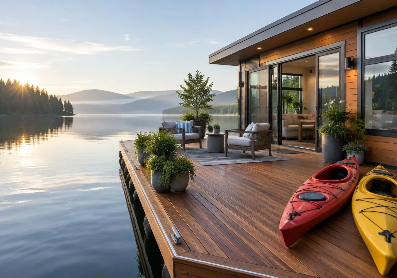 Cedar deck of a modern floating home with two kayaks and calm water