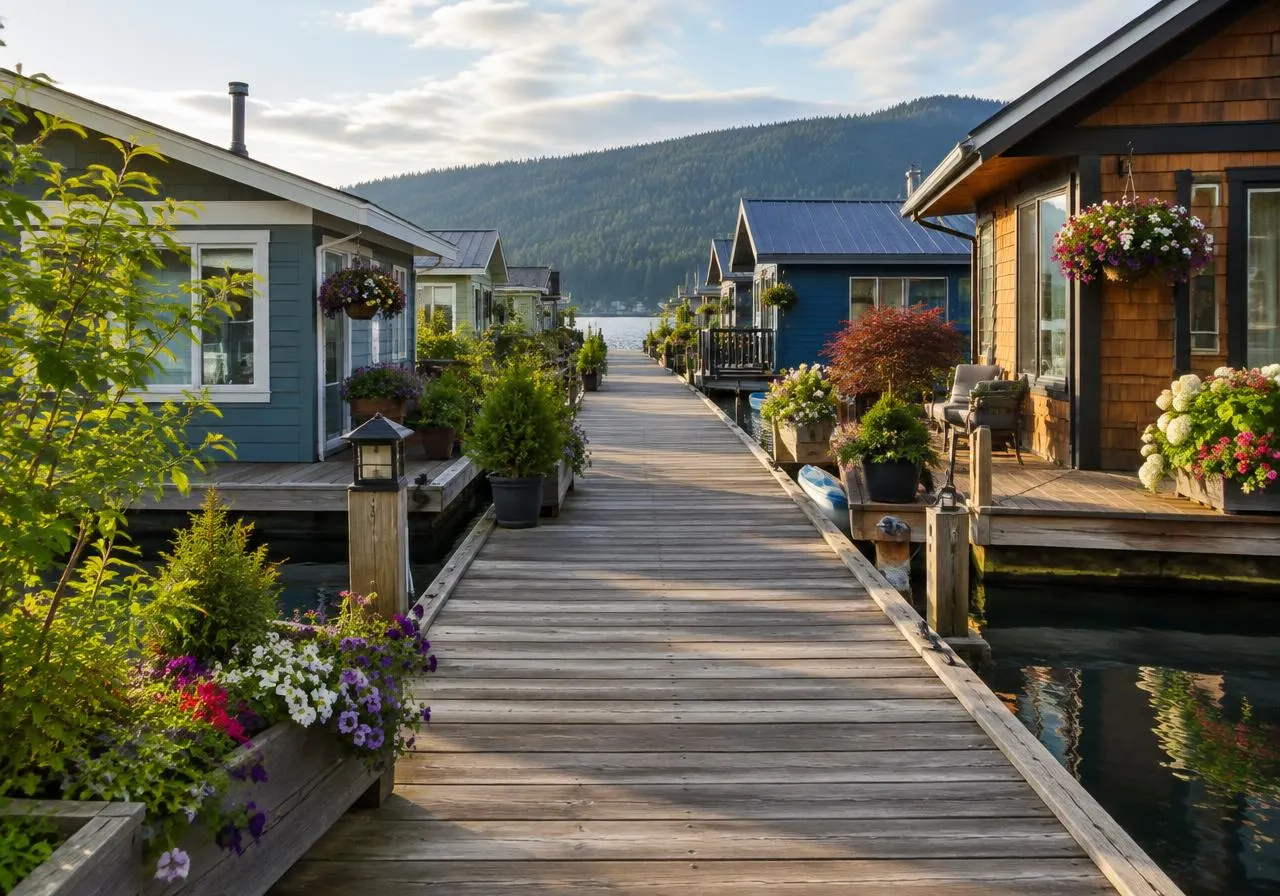 Wooden dock walkway lined with floating homes and flower planters